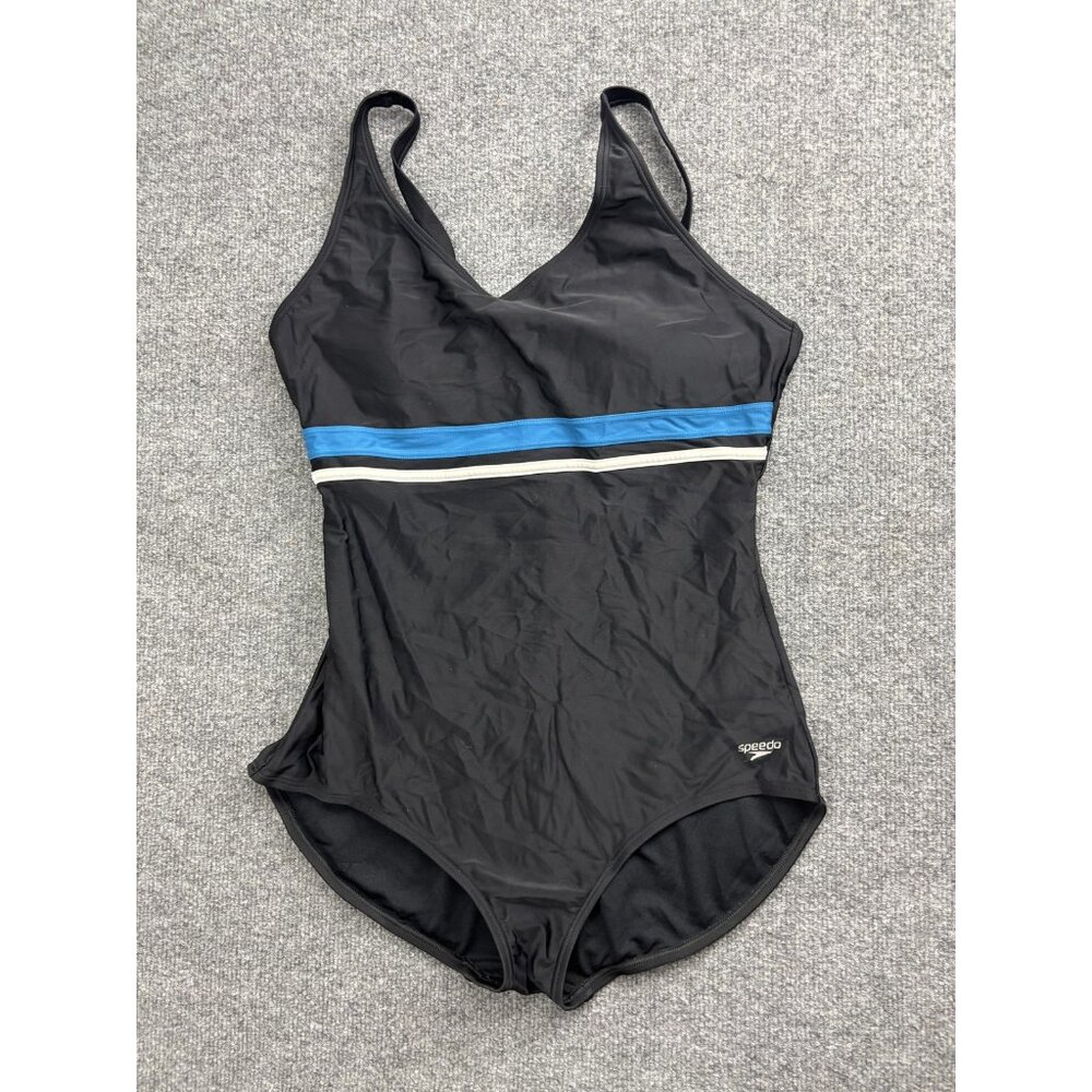 Speedo Swimsuit Womens XL Black Striped One Piece Spaghetti Strap Lined Bra